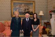 11 December 2017; Anne Marie Kennedy is welcomed by the President of Ireland Michael D Higgins and his wife Sabina during the Dublin Senior Men's and Ladies Football squads visit to Áras an Uachtaráin in Phoenix Park, Dublin. Photo by Piaras Ó Mídheach/Sportsfile
