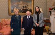 11 December 2017; Dublin's Denise McKenna is welcomed by the President of Ireland Michael D Higgins and his wife Sabina during the Dublin Senior Men's and Ladies Football squads visit to Áras an Uachtaráin in Phoenix Park, Dublin. Photo by Piaras Ó Mídheach/Sportsfile