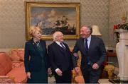 11 December 2017; Dublin backroom staff member John Courtney is welcomed by the President of Ireland Michael D Higgins and his wife Sabina during the Dublin Senior Men's and Ladies Football squads visit to Áras an Uachtaráin in Phoenix Park, Dublin. Photo by Piaras Ó Mídheach/Sportsfile