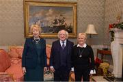 11 December 2017; Phyllis Shanley is welcomed by the President of Ireland Michael D Higgins and his wife Sabina during the Dublin Senior Men's and Ladies Football squads visit to Áras an Uachtaráin in Phoenix Park, Dublin. Photo by Piaras Ó Mídheach/Sportsfile
