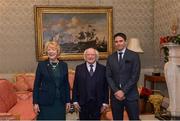 11 December 2017; Niall Barry is welcomed by the President of Ireland Michael D Higgins and his wife Sabina during the Dublin Senior Men's and Ladies Football squads visit to Áras an Uachtaráin in Phoenix Park, Dublin. Photo by Piaras Ó Mídheach/Sportsfile