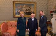 11 December 2017; Dublin football manager Jim Gavin is welcomed by the President of Ireland Michael D Higgins and his wife Sabina during the Dublin Senior Men's and Ladies Football squads visit to Áras an Uachtaráin in Phoenix Park, Dublin. Photo by Piaras Ó Mídheach/Sportsfile