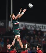 9 December 2017; Luke Hamilton of Leicester Tigers wins possession during the European Rugby Champions Cup Pool 4 Round 3 match between Munster and Leicester Tigers at Thomond Park in Limerick. Photo by Diarmuid Greene/Sportsfile