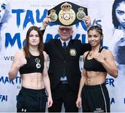 12 December 2017; Katie Taylor and Jessica McCaskill square off after weighing in at the Courthouse Hotel in Shoreditch, London, ahead of their WBA Lightweight World Title fight. Photo by Stephen McCarthy/Sportsfile