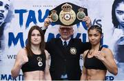 12 December 2017; Katie Taylor and Jessica McCaskill square off after weighing in at the Courthouse Hotel in Shoreditch, London, ahead of their WBA Lightweight World Title fight. Photo by Stephen McCarthy/Sportsfile