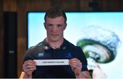 11 December 2017; The hotly anticipated draw for the Bank of Ireland Leinster Schools Cup took place this evening as the junior and senior schools teams going head-to-head next year were revealed. Leinster senior coach Stuart Lancaster, along with players Dan Leavy and Dave Kearney were on hand for the draw and the event was streamed via Facebook Live from Bank of Ireland Grand Canal Dock Branch in Dublin to eagerly awaiting student players, families and fans. Bank of Ireland has proudly partnered with Leinster Rugby since 2007 and recently announced a five year extension of their sponsorship through to the 2023 season. The partnership encompasses all Leinster Rugby activity, from the professional team right through to grassroots community, club and schools level. Pictured is Castleknock College being drawn by Dan Leavy of Leinster. Photo by Ramsey Cardy/Sportsfile