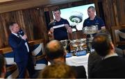 11 December 2017; The hotly anticipated draw for the Bank of Ireland Leinster Schools Cup took place this evening as the junior and senior schools teams going head-to-head next year were revealed. Leinster senior coach Stuart Lancaster, along with players Dan Leavy and Dave Kearney were on hand for the draw and the event was streamed via Facebook Live from Bank of Ireland Grand Canal Dock Branch in Dublin to eagerly awaiting student players, families and fans. Bank of Ireland has proudly partnered with Leinster Rugby since 2007 and recently announced a five year extension of their sponsorship through to the 2023 season. The partnership encompasses all Leinster Rugby activity, from the professional team right through to grassroots community, club and schools level. Pictured is Leinster Communications Manager Marcus Ó Buachalla, left, Dan Leavy of Leinster and Leinster senior coach Stuart Lancaster. Photo by Ramsey Cardy/Sportsfile
