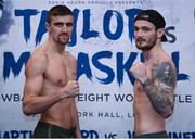 12 December 2017; Jake Ball, left, and Miles Shinkwin square off after weighing in at the Courthouse Hotel in Shoreditch, London, ahead of their vacant WBA Inter-Continental Light Heavyweight Title bout. Photo by Stephen McCarthy/Sportsfile