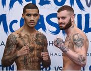 12 December 2017; Conor Benn and Cedrick Peynaud square off after their weigh in at the Courthouse Hotel in Shoreditch, London, ahead of their welterweight bout. Photo by Stephen McCarthy/Sportsfile