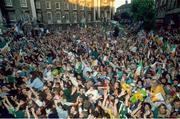 1 July 1990; Republic of Ireland supporters outside Trinity College on Grafton Street. Republic of Ireland Homecoming from Italia 1990 World Cup. Dublin. Photo by Ray McManus / SPORTSFILE