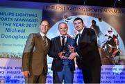 13 December 2017; Galway hurling manager Micheál Donoghue, centre, is presented with the Philips Lighting Sports Manager of the Year 2017 award by Minister of State at the Department of Transport, Tourism and Sport, Brendan Griffin T.D., left, and Paul Watson, Commerical Manager Philips Lighting, during the Philips Lighting Sports Manager of the Year 2017 at The Intercontinental Hotel, Simmonscourt Road, in Ballsbridge, Dublin. Photo by Seb Daly/Sportsfile