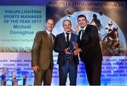 13 December 2017; Galway hurling manager Micheál Donoghue, centre, is presented with the Philips Lighting Sports Manager of the Year 2017 award by Minister of State at the Department of Transport, Tourism and Sport, Brendan Griffin T.D., left, and Paul Watson, Commerical Manager Philips Lighting, during the Philips Lighting Sports Manager of the Year 2017 at The Intercontinental Hotel, Simmonscourt Road, in Ballsbridge, Dublin. Photo by Seb Daly/Sportsfile