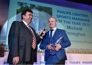 13 December 2017; Galway hurling manager Micheál Donoghue, right, is interviewed by MC Des Cahill after being named the Philips Lighting Sports Manager of the Year 2017 during the Philips Lighting Sports Manager of the Year 2017 awards at The Intercontinental Hotel, Simmonscourt Road, in Ballsbridge, Dublin. Photo by Seb Daly/Sportsfile