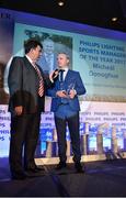 13 December 2017; Galway hurling manager Micheál Donoghue, right, is interviewed by MC Des Cahill after being named the Philips Lighting Sports Manager of the Year 2017 during the Philips Lighting Sports Manager of the Year 2017 awards at The Intercontinental Hotel, Simmonscourt Road, in Ballsbridge, Dublin. Photo by Seb Daly/Sportsfile