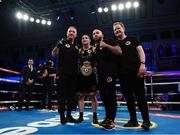 13 December 2017; Katie Taylor celebrates with her team, from left, Ian Jumbo Johnson, Ross Enamait and Brian Peters following her WBA Lightweight World Title fight against Jessica McCaskill at York Hall in London, England. Photo by Stephen McCarthy/Sportsfile