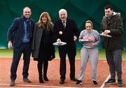 14 December 2017; Minister of State for Disability Issues Finian McGrath T.D., centre, pictured with, from left, Richard Fahey, Chief Executive Tennis Ireland, Nickie Coffey, President Leinster Tennis, Natalie McGee and David Hall, from Omni Centre, St Michaels House, during his visit to Sutton Tennis Club and the Enjoy Tennis programme. Tennis Ireland were recently awarded a €28,000 grant to support the Enjoy Tennis Programme, which operates at 65 clubs around the country and involves over 800 participants. Tennis Ireland also recently won best national governing body at the CARA National Inclusion Awards. Photo by Sam Barnes/Sportsfile