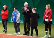 14 December 2017; Minister of State for Disability Issues Finian McGrath T.D. , centre, with Denise Hosford, of St Michaels House, during his visit to Sutton Tennis Club and the Enjoy Tennis programme. Tennis Ireland were recently awarded a €28,000 grant to support the Enjoy Tennis Programme, which operates at 65 clubs around the country and involves over 800 participants. Tennis Ireland also recently won best national governing body at the CARA National Inclusion Awards. Photo by Sam Barnes/Sportsfile