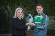 14 December 2017; Conor McManus was presented by EirGrid with the Irish International Rules Player of the Series trophy today. Conor was selected by the public as the Player of the Series for his performances during the teams trip to Australia. As part of the prize, EirGrid donated a cheque for €1,000 to Conor’s club, Clontibret O'Neills. Pictured with Conor is Gráinne Duffy, Community Liaison Officer, EirGrid. Photo by Cody Glenn/Sportsfile