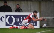 15 December 2017; Stuart McCloskey of Ulster scores his side's opening try during the European Rugby Champions Cup Pool 1 Round 4 match between Ulster and Harlequins at the Kingspan Stadium in Belfast. Photo by Ramsey Cardy/Sportsfile