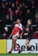 15 December 2017; Charles Piutau of Ulster celebrates after scoring his side's third try during the European Rugby Champions Cup Pool 1 Round 4 match between Ulster and Harlequins at the Kingspan Stadium in Belfast. Photo by Ramsey Cardy/Sportsfile