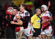 15 December 2017; John Cooney, second from left, is congratulated by his Ulster team-mates, from left, Callum Black, Andrew Trimble and Christian Lealiifano after scoring their fifth try during the European Rugby Champions Cup Pool 1 Round 4 match between Ulster and Harlequins at the Kingspan Stadium in Belfast. Photo by Ramsey Cardy/Sportsfile