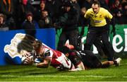 15 December 2017; Craig Gilroy of Ulster going over to score his side's second try despite the tackle of Charlie Walker of Harlequins during the European Rugby Champions Cup Pool 1 Round 4 match between Ulster and Harlequins at the Kingspan Stadium in Belfast. Photo by Oliver McVeigh/Sportsfile