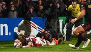 15 December 2017; Craig Gilroy of Ulster going over to score his side's second try despite the tackle of Charlie Walker of Harlequins during the European Rugby Champions Cup Pool 1 Round 4 match between Ulster and Harlequins at the Kingspan Stadium in Belfast. Photo by Oliver McVeigh/Sportsfile