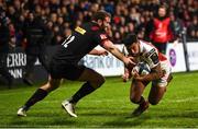 15 December 2017; Charles Piutau of Ulster gets past Jamie Roberts of Harlequins to score his side's third try during the European Rugby Champions Cup Pool 1 Round 4 match between Ulster and Harlequins at the Kingspan Stadium in Belfast. Photo by Oliver McVeigh/Sportsfile