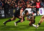 15 December 2017; Charles Piutau of Ulster gets past Jamie Roberts of Harlequins to score his side's third try during the European Rugby Champions Cup Pool 1 Round 4 match between Ulster and Harlequins at the Kingspan Stadium in Belfast. Photo by Oliver McVeigh/Sportsfile