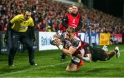 15 December 2017; Craig Gilroy of Ulster going over to score his side's second try despite the tackle of Charlie Walker of Harlequins during the European Rugby Champions Cup Pool 1 Round 4 match between Ulster and Harlequins at the Kingspan Stadium in Belfast. Photo by John Dickson/Sportsfile