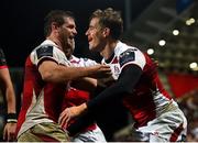 15 December 2017; Andrew Trimble, right, is congratulated by his Ulster team-mate Chris Henry after scoring their sixth try during the European Rugby Champions Cup Pool 1 Round 4 match between Ulster and Harlequins at the Kingspan Stadium in Belfast. Photo by Ramsey Cardy/Sportsfile