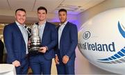 16 December 2017; In attendance at the Bank of Ireland Provincial Towns Cup Draw in Bank of Ireland Ballsbridge branch are Leinster players, from left, Peter Dooley, Tom Daly and Adam Byrne. The teams going head to head in the Bank of Ireland Provincial Towns Cup were revealed in a draw on Saturday 16th December ahead of the Leinster v Exeter match at the Aviva Stadium. Players Adam Byrne, Tom Daly and Peter Dooley were on hand to announce the first round of the Draw which was streamed via Facebook Live from the Ballsbridge Branch in Dublin to clubs and fans from around the province. Bank of Ireland has proudly partnered with Leinster Rugby since 2007 and recently announced a 5 year extension of their sponsorship through to the 2023 season. The partnership encompasses all Leinster Rugby activity, from the professional team right through to grassroots community, club and schools level. Bank of Ireland Branch in Ballsbridge, Dublin. Photo by Brendan Moran/Sportsfile