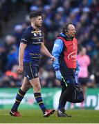 16 December 2017; Ross Byrne of Leinster leaves the pitch leaves the pitch for a head injury assessment with Leinster team doctor Prof John Ryan during the European Rugby Champions Cup Pool 3 Round 4 match between Leinster and Exeter Chiefs at the Aviva Stadium in Dublin. Photo by Brendan Moran/Sportsfile
