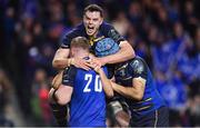 16 December 2017; James Ryan of Leinster celebrates with team-mates Dan Leavy, Scott Fardy and try scorer Luke McGrath after their side's first try during the European Rugby Champions Cup Pool 3 Round 4 match between Leinster and Exeter Chiefs at the Aviva Stadium in Dublin. Photo by Brendan Moran/Sportsfile