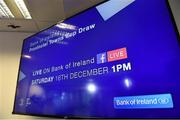 16 December 2017; A general view of the Bank of Ireland Provincial Towns Cup Draw in Bank of Ireland Ballsbridge branch. The teams going head to head in the Bank of Ireland Provincial Towns Cup were revealed in a draw on Saturday 16th December ahead of the Leinster v Exeter match at the Aviva Stadium. Players Adam Byrne, Tom Daly and Peter Dooley were on hand to announce the first round of the Draw which was streamed via Facebook Live from the Ballsbridge Branch in Dublin to clubs and fans from around the province. Bank of Ireland has proudly partnered with Leinster Rugby since 2007 and recently announced a 5 year extension of their sponsorship through to the 2023 season. The partnership encompasses all Leinster Rugby activity, from the professional team right through to grassroots community, club and schools level. Bank of Ireland Branch in Ballsbridge, Dublin. Photo by Brendan Moran/Sportsfile