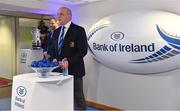 16 December 2017; Niall Rynne, President, Leinster Branch, speaking at the Bank of Ireland Provincial Towns Cup Draw in Bank of Ireland Ballsbridge branch. The teams going head to head in the Bank of Ireland Provincial Towns Cup were revealed in a draw on Saturday 16th December ahead of the Leinster v Exeter match at the Aviva Stadium. Players Adam Byrne, Tom Daly and Peter Dooley were on hand to announce the first round of the Draw which was streamed via Facebook Live from the Ballsbridge Branch in Dublin to clubs and fans from around the province. Bank of Ireland has proudly partnered with Leinster Rugby since 2007 and recently announced a 5 year extension of their sponsorship through to the 2023 season. The partnership encompasses all Leinster Rugby activity, from the professional team right through to grassroots community, club and schools level. Bank of Ireland Branch in Ballsbridge, Dublin. Photo by Brendan Moran/Sportsfile