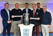 16 December 2017; In attendance at the Bank of Ireland Provincial Towns Cup Draw in Bank of Ireland Ballsbridge branch are, from left, Peter Dooley, Willie Downey, Naas RFC 2nds, Kildare, Tom Daly, Tom Nolan, Tullow RFC, Carlow, Adam Byrne and Colin Kingston, Bank of Ireland. The teams going head to head in the Bank of Ireland Provincial Towns Cup were revealed in a draw on Saturday 16th December ahead of the Leinster v Exeter match at the Aviva Stadium. Players Adam Byrne, Tom Daly and Peter Dooley were on hand to announce the first round of the Draw which was streamed via Facebook Live from the Ballsbridge Branch in Dublin to clubs and fans from around the province. Bank of Ireland has proudly partnered with Leinster Rugby since 2007 and recently announced a 5 year extension of their sponsorship through to the 2023 season. The partnership encompasses all Leinster Rugby activity, from the professional team right through to grassroots community, club and schools level. Bank of Ireland Branch in Ballsbridge, Dublin. Photo by Brendan Moran/Sportsfile
