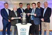 16 December 2017; In attendance at the Bank of Ireland Provincial Towns Cup Draw in Bank of Ireland Ballsbridge branch are, from left, Peter Dooley, Chris McGlinn, Clondalkin RFC, Dublin, Tom Daly, Brendan O'Neill, Robert McDermott, Edenderry RFC, Offaly, Adam Byrne and Vincent Milroy, Bank of Ireland. The teams going head to head in the Bank of Ireland Provincial Towns Cup were revealed in a draw on Saturday 16th December ahead of the Leinster v Exeter match at the Aviva Stadium. Players Adam Byrne, Tom Daly and Peter Dooley were on hand to announce the first round of the Draw which was streamed via Facebook Live from the Ballsbridge Branch in Dublin to clubs and fans from around the province. Bank of Ireland has proudly partnered with Leinster Rugby since 2007 and recently announced a 5 year extension of their sponsorship through to the 2023 season. The partnership encompasses all Leinster Rugby activity, from the professional team right through to grassroots community, club and schools level. Bank of Ireland Branch in Ballsbridge, Dublin. Photo by Brendan Moran/Sportsfile