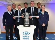 16 December 2017; In attendance at the Bank of Ireland Provincial Towns Cup Draw in Bank of Ireland Ballsbridge branch are, from left, Brian McGonagle, Wexford Wanderers RFC, Wexford, Peter Dooley, Herbie Honohan, Wexford Wanderers RFC, Wexford, Tom Daly, Eamon D'Arcy, Balbriggan RFC, Dublin, Adam Byrne and Caroline McFadden, Balbriggan RFC, Dublin. The teams going head to head in the Bank of Ireland Provincial Towns Cup were revealed in a draw on Saturday 16th December ahead of the Leinster v Exeter match at the Aviva Stadium. Players Adam Byrne, Tom Daly and Peter Dooley were on hand to announce the first round of the Draw which was streamed via Facebook Live from the Ballsbridge Branch in Dublin to clubs and fans from around the province. Bank of Ireland has proudly partnered with Leinster Rugby since 2007 and recently announced a 5 year extension of their sponsorship through to the 2023 season. The partnership encompasses all Leinster Rugby activity, from the professional team right through to grassroots community, club and schools level. Bank of Ireland Branch in Ballsbridge, Dublin. Photo by Brendan Moran/Sportsfile
