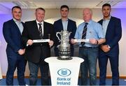 16 December 2017; In attendance at the Bank of Ireland Provincial Towns Cup Draw in Bank of Ireland Ballsbridge branch are, from left, Peter Dooley, Bert Nicholson, Wicklow RFC, Wicklow, Tom Daly, Mick Lambe, Mullingar RFC, Westmeath, and Adam Byrne. The teams going head to head in the Bank of Ireland Provincial Towns Cup were revealed in a draw on Saturday 16th December ahead of the Leinster v Exeter match at the Aviva Stadium. Players Adam Byrne, Tom Daly and Peter Dooley were on hand to announce the first round of the Draw which was streamed via Facebook Live from the Ballsbridge Branch in Dublin to clubs and fans from around the province. Bank of Ireland has proudly partnered with Leinster Rugby since 2007 and recently announced a 5 year extension of their sponsorship through to the 2023 season. The partnership encompasses all Leinster Rugby activity, from the professional team right through to grassroots community, club and schools level. Bank of Ireland Branch in Ballsbridge, Dublin. Photo by Brendan Moran/Sportsfile