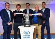16 December 2017; In attendance at the Bank of Ireland Provincial Towns Cup Draw in Bank of Ireland Ballsbridge branch are, from left, Peter Dooley, Ray Lawlor, Portlaoise RFC, Laois, Tom Daly, Ciarán Murphy, Naas RFC 2nds, Kildare, and Adam Byrne. The teams going head to head in the Bank of Ireland Provincial Towns Cup were revealed in a draw on Saturday 16th December ahead of the Leinster v Exeter match at the Aviva Stadium. Players Adam Byrne, Tom Daly and Peter Dooley were on hand to announce the first round of the Draw which was streamed via Facebook Live from the Ballsbridge Branch in Dublin to clubs and fans from around the province. Bank of Ireland has proudly partnered with Leinster Rugby since 2007 and recently announced a 5 year extension of their sponsorship through to the 2023 season. The partnership encompasses all Leinster Rugby activity, from the professional team right through to grassroots community, club and schools level. Bank of Ireland Branch in Ballsbridge, Dublin. Photo by Brendan Moran/Sportsfile