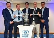 16 December 2017; In attendance at the Bank of Ireland Provincial Towns Cup Draw in Bank of Ireland Ballsbridge branch are, from left, Peter Dooley, Brian Willoughby, Gorey RFC, Wexford, Tom Daly, Ian Dwyer, County Carlow RFC, Carlow, and Adam Byrne. The teams going head to head in the Bank of Ireland Provincial Towns Cup were revealed in a draw on Saturday 16th December ahead of the Leinster v Exeter match at the Aviva Stadium. Players Adam Byrne, Tom Daly and Peter Dooley were on hand to announce the first round of the Draw which was streamed via Facebook Live from the Ballsbridge Branch in Dublin to clubs and fans from around the province. Bank of Ireland has proudly partnered with Leinster Rugby since 2007 and recently announced a 5 year extension of their sponsorship through to the 2023 season. The partnership encompasses all Leinster Rugby activity, from the professional team right through to grassroots community, club and schools level. Bank of Ireland Branch in Ballsbridge, Dublin. Photo by Brendan Moran/Sportsfile