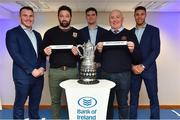 16 December 2017; In attendance at the Bank of Ireland Provincial Towns Cup Draw in Bank of Ireland Ballsbridge branch are, from left, Peter Dooley, Enda Murphy, Dundalk RFC, Louth, Tom Daly, Denis Heneghan, North Kildare RFC, Kildare, and Adam Byrne. The teams going head to head in the Bank of Ireland Provincial Towns Cup were revealed in a draw on Saturday 16th December ahead of the Leinster v Exeter match at the Aviva Stadium. Players Adam Byrne, Tom Daly and Peter Dooley were on hand to announce the first round of the Draw which was streamed via Facebook Live from the Ballsbridge Branch in Dublin to clubs and fans from around the province. Bank of Ireland has proudly partnered with Leinster Rugby since 2007 and recently announced a 5 year extension of their sponsorship through to the 2023 season. The partnership encompasses all Leinster Rugby activity, from the professional team right through to grassroots community, club and schools level. Bank of Ireland Branch in Ballsbridge, Dublin. Photo by Brendan Moran/Sportsfile