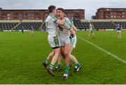 17 December 2017; David Whyte of Moorefield, centre, celebrates with team-mates Liam Callaghan, left, and Aaron Masterson after the AIB Leinster GAA Football Senior Club Championship Final match between Moorefield and St Loman's at O'Moore Park in Portlaoise, Co Laois. Photo by Piaras Ó Mídheach/Sportsfile