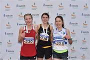 17 December 2017; Nakita Burke, centre, from Letterkenny AC, Co Donegal, winner of the Novice Women's 4000m, with third place Sinead Keavany, left, from Midleton AC, Co Cork and second place Lauren Dermody from Castlecomer AC, Co Kilkenny at the AAI Novice & Juvenile Uneven Age XC Championships at the WIT Arena in Waterford. Photo by Matt Browne/Sportsfile