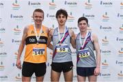 17 December 2017; Jack MacGabhann, centre, from Dundrum South Dublin AC after winning the Novice Men 6000m with third place Kevin Moore from Dundrum AC, Co Tipperary and second place Paul O'Donnell from Dundrum South Dublin AC at the AAI Novice & Juvenile Uneven Championships at the WIT Arena in Waterford. Photo by Matt Browne/Sportsfile