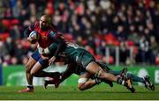 17 December 2017; Simon Zebo of Munster is tackled by Valentino Mapapalangi and Mike Williams of Leicester Tigers during the European Rugby Champions Cup Pool 4 Round 4 match between Leicester Tigers and Munster at Welford Road in Leicester, England. Photo by Brendan Moran/Sportsfile