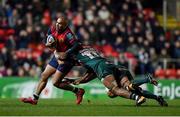 17 December 2017; Simon Zebo of Munster is tackled by Valentino Mapapalangi and Mike Williams of Leicester Tigers during the European Rugby Champions Cup Pool 4 Round 4 match between Leicester Tigers and Munster at Welford Road in Leicester, England. Photo by Brendan Moran/Sportsfile