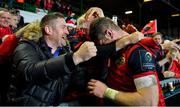 17 December 2017; Jack O’Donoghue of Munster celebrates with Munster fans Patrick Dowling, left, and Tony Lee, from Waterford, after the European Rugby Champions Cup Pool 4 Round 4 match between Leicester Tigers and Munster at Welford Road in Leicester, England. Photo by Brendan Moran/Sportsfile