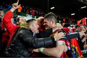 17 December 2017; Jack O’Donoghue of Munster celebrates with Munster fans Patrick Dowling, left, and Tony Lee, from Waterford, after the European Rugby Champions Cup Pool 4 Round 4 match between Leicester Tigers and Munster at Welford Road in Leicester, England. Photo by Brendan Moran/Sportsfile